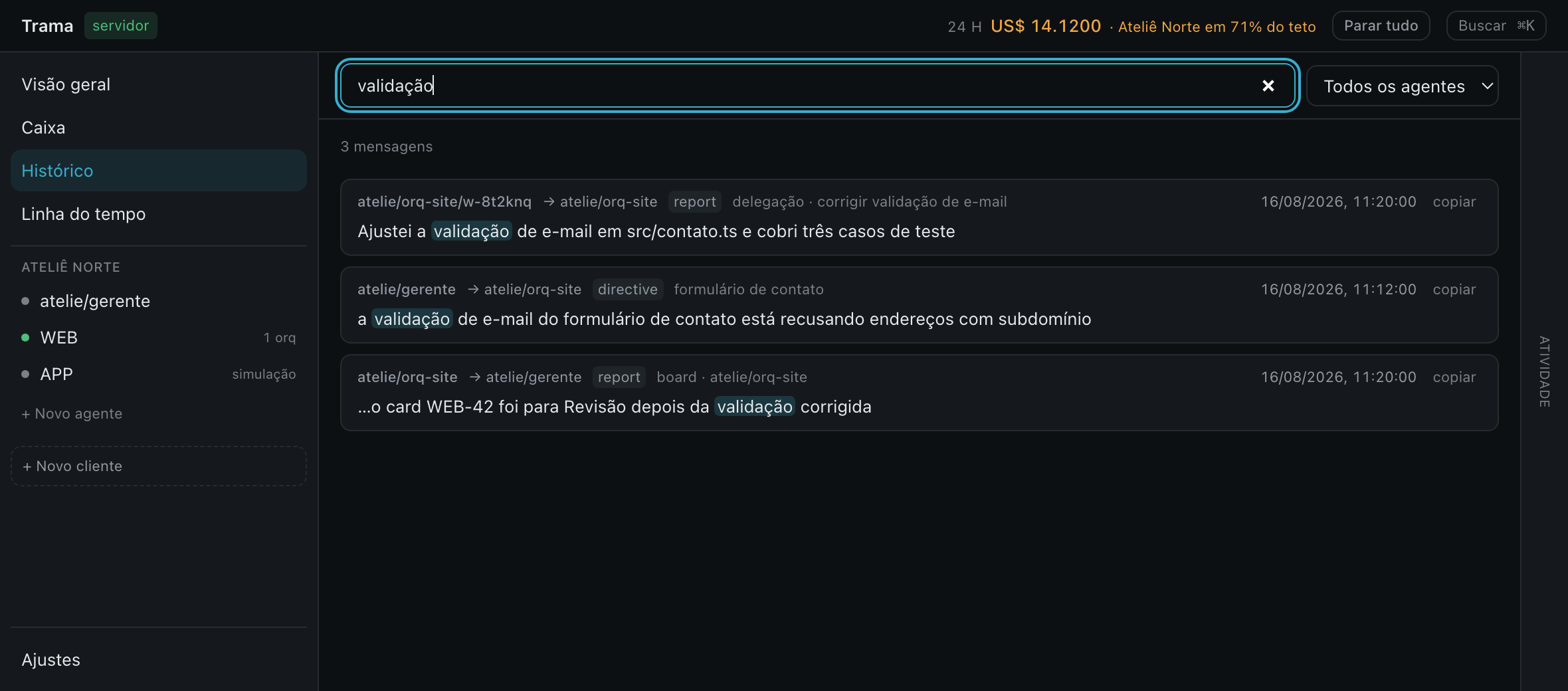 A busca do Trama com o termo “validação”: três mensagens encontradas, com o termo destacado e a conversa de origem indicada em cada uma.