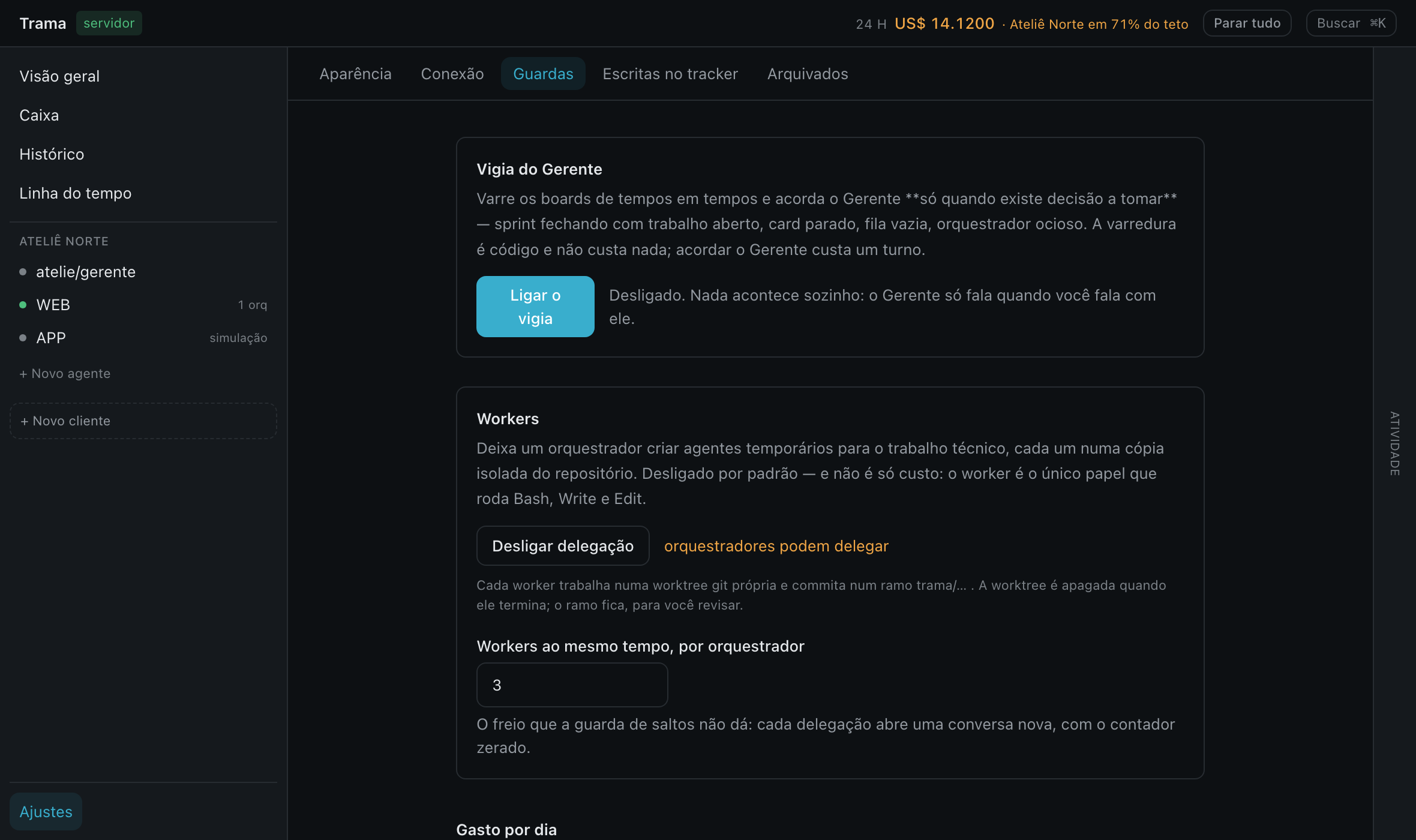 A tela de Guardas do Trama, com os tetos de custo por conversa e por cliente, limite de saltos, janela de deduplicação e o interruptor da delegação.